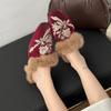 Fashion Designer Embroidered Square Head Slippers Women 2025Winter Vintage Warm Fluffy Fur Mule Shoes Elegant Lady Flat Slippers