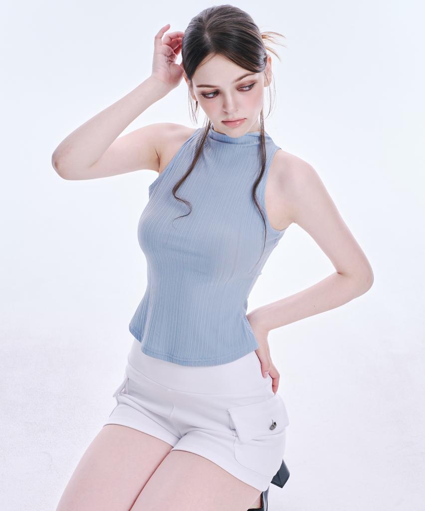 Top Akeumeseodeu Collo Alto Senza Maniche A Coste (blu)