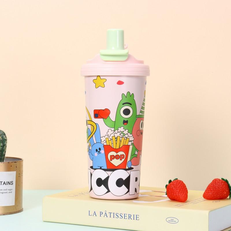 Stainless Steel Insulated Tumbler With Straw Women Cartoon Design Portable Tea Coffee Cup 500ml