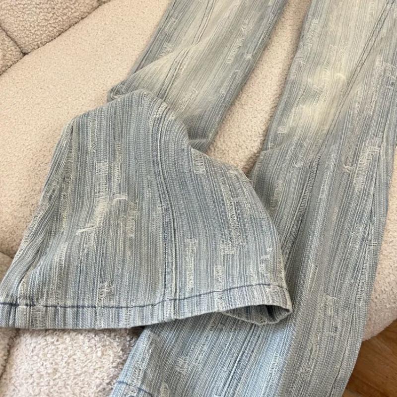 Woman Light Textured Jacquard Jeans Korean High Waisted Slight Flared Jean Autumn Fashion Versatile Lady Horseshoe Pant