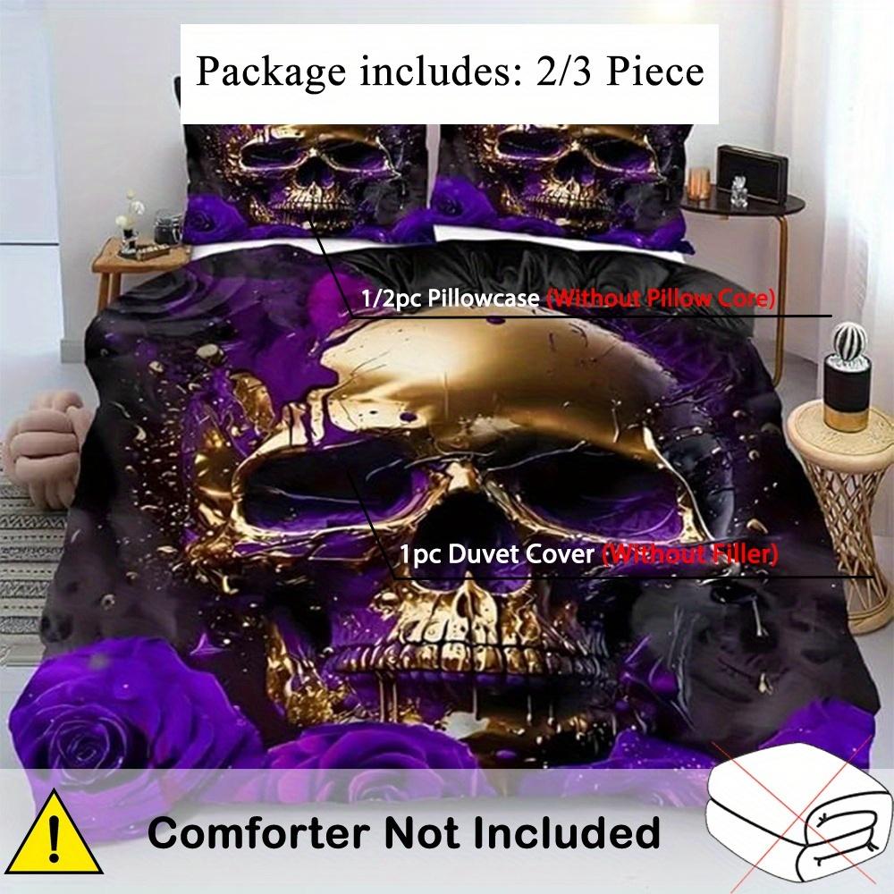 2/3Pcs Purple Rose Skull Pattern Breathable Duvet Cover Set (1 Duvet Cover + 1/2 Pillowcase Without Core) Soft Bedding Set