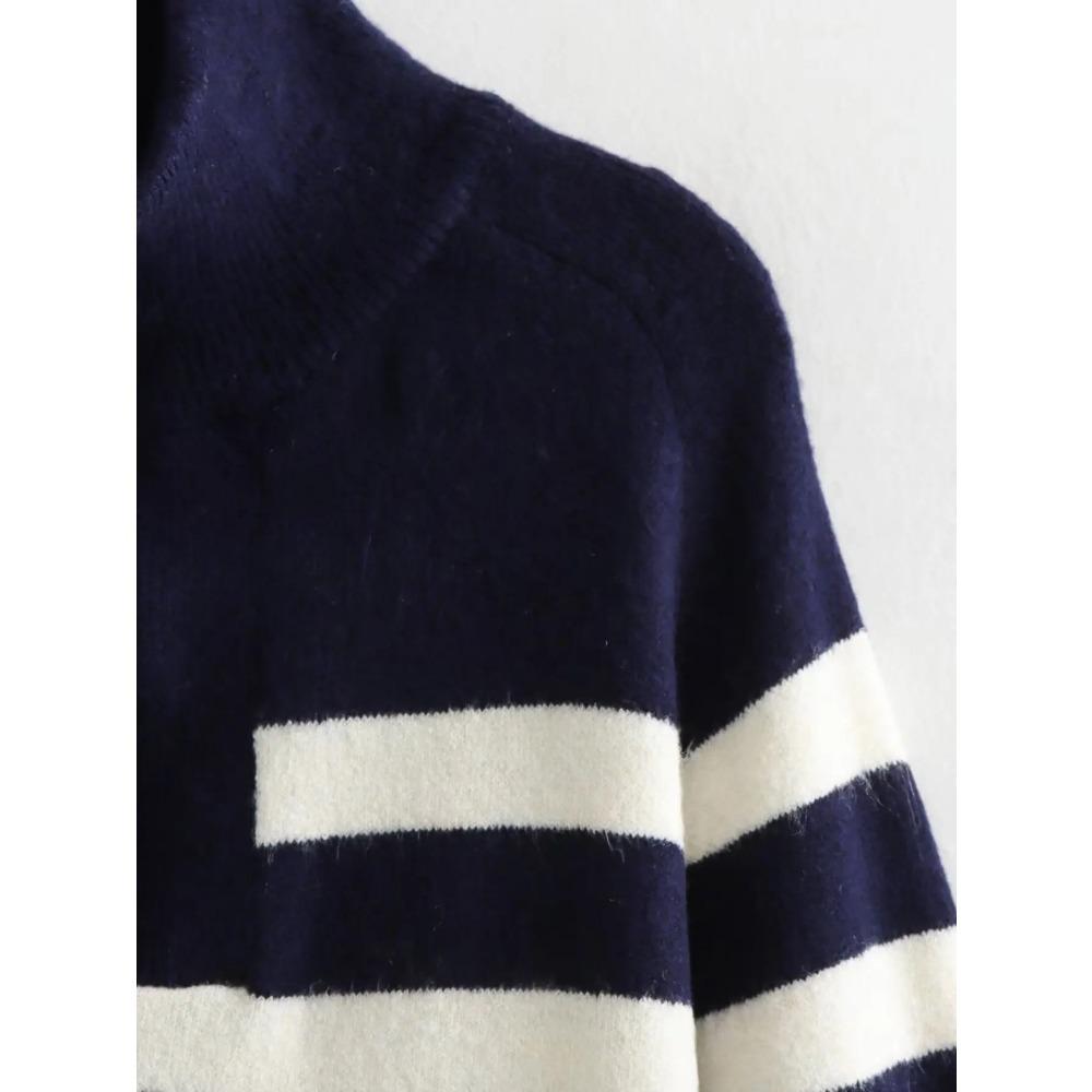 Autumn Winter Fashion Striped Zippered Lapel Long Sleeve Loose Casual Knitted Sweater for Women