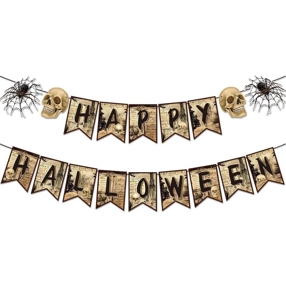 Retro Halloween Hanging Banner Witch Spider Web Skull Pendant Ornament Scary Creative Happy Halloween Party Decorations