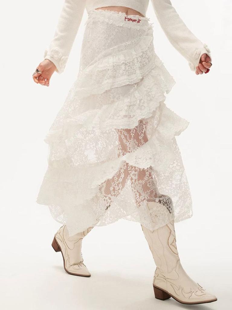 Women's Lace Skirt White Y2k Vintage Elegant Mid-length Skirt Ruffled Elastic Waist Korean Fashion Clothing