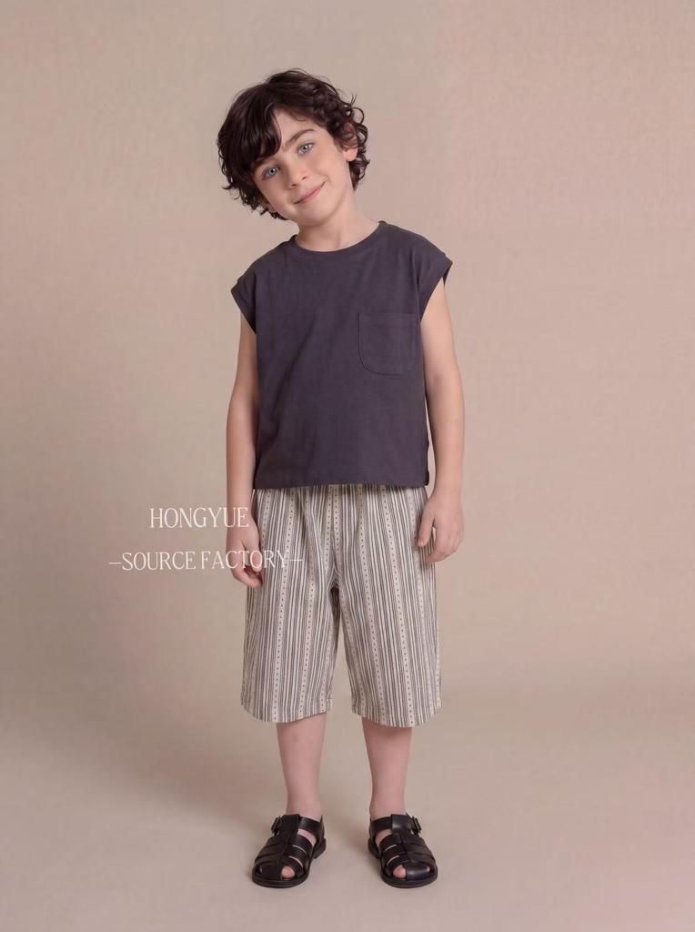 Kids' Japanese Style Vertical Stripe Cotton Linen Pants – Breathable, Straight 7-point Summer Pants for Boys and Girls, Trendy Korean Casual
