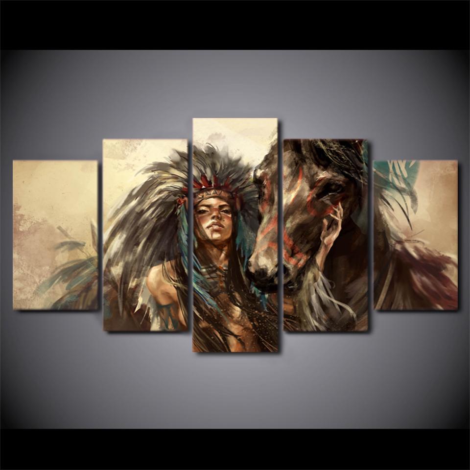 HD Printed 5 Piece Canvas Art Tribe Warrior with Horse Painting 5 Panels Wall Pictures Decor  Shipping