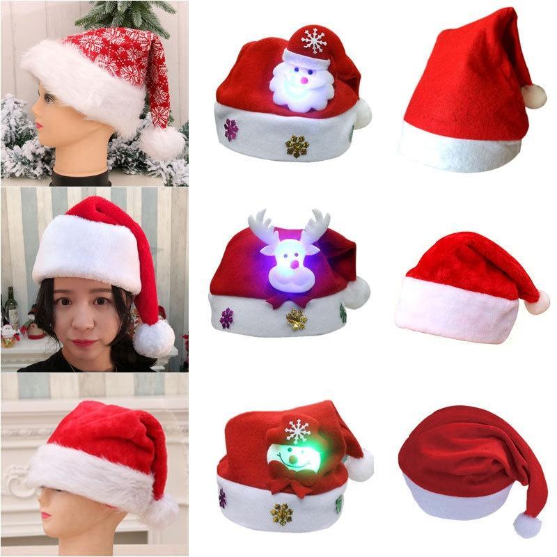 Soft Plush Christmas Santa Hats With Various Styles Led Glowing Design For Xmas Parties Holiday Events