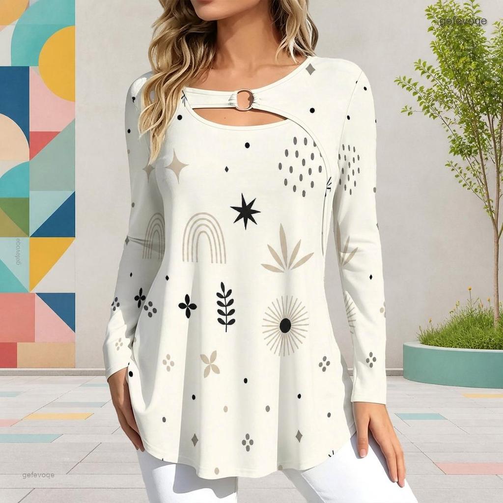 Women Plus Size Keyhole Ring Neck Long Sleeve Geometric Printed Flared Hem T Shirt