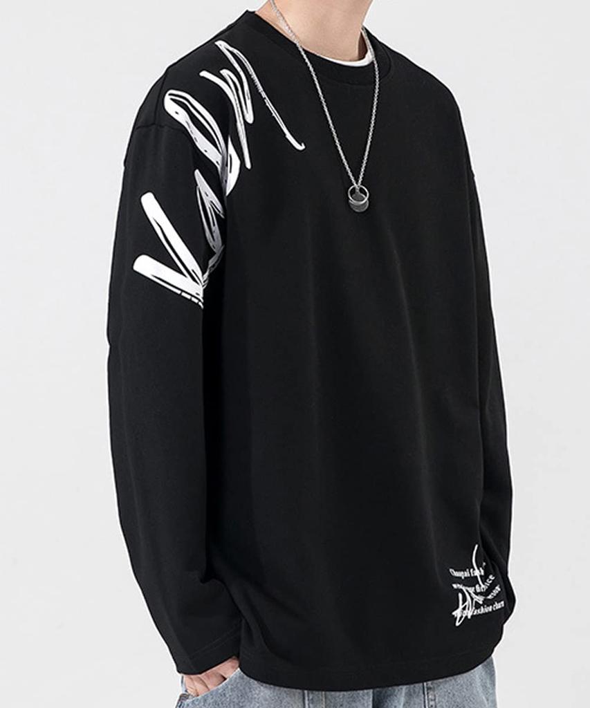 [ANONIE] Men's Sweatshirt, Long Sleeve, Spring Clothes, Long T-Shirt, Men's, Large Size, Stylish Sweatshirt, Black 2XL