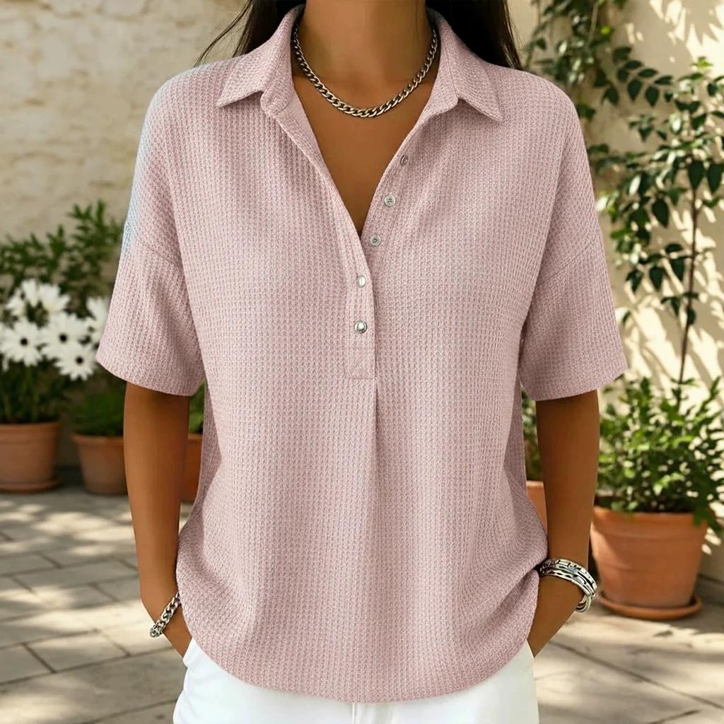 Women's Polo Neck Short Sleeve Waffle Knit Henley Shirt Casual Loose Button Down Blouse