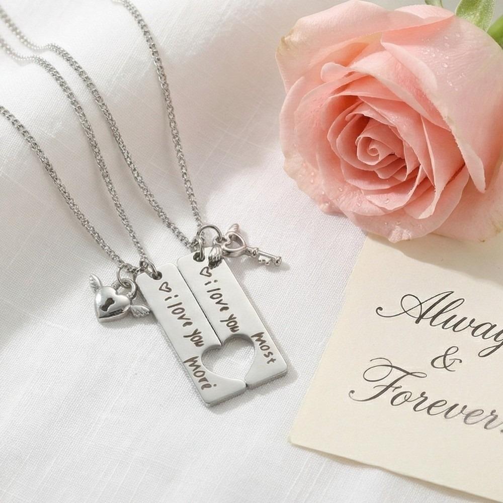 2pcs Stainless Steel I Love You More Necklaces Puzzle Heart Lock Key Pendant  Valentine Day Gift