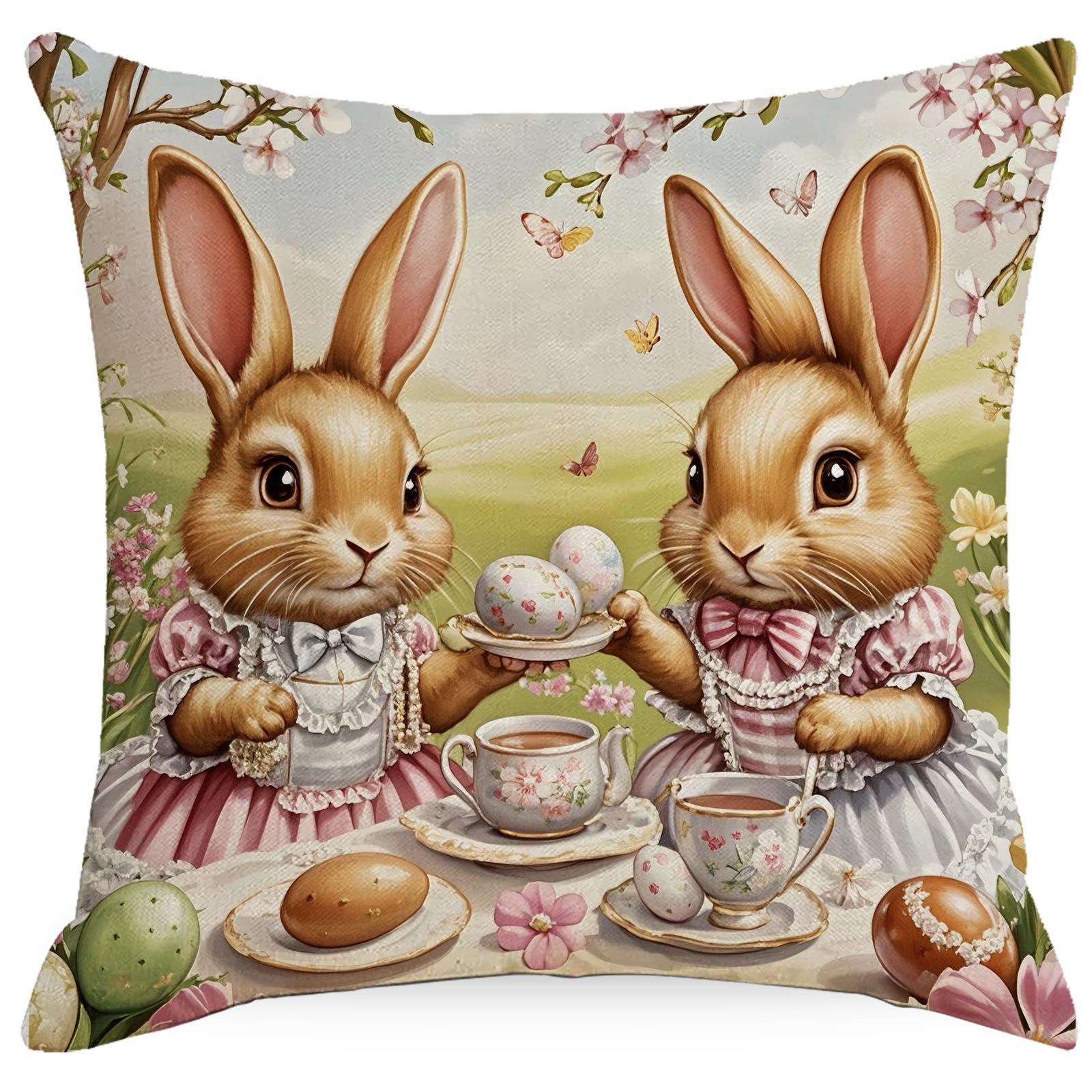 

Easter Pillow Cover Rabbit Easter Egg Tea Party Creative Cushion Pillow Cover Premium Durable Quality Useful Practical 45 * 45Cm