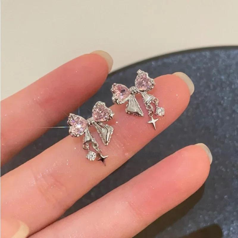

Korean Bows Earring with White Zircon Women s Fashion Cute Pink Crystal Stud Earrings Y2k Earring for Girls Party Zircon Gifts розовый