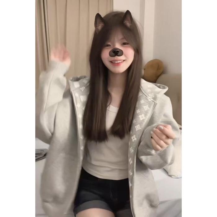 Retro Cool American Patchwork Hooded Cardigan - Autumn Loose Fit Sweatshirt Large серый