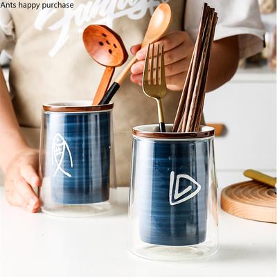 Double Glass Ceramic Chopsticks Holder Kitchen Storage Jar Drain Rack Tableware Organizer Chopstick Cage Cutlery Storage Box