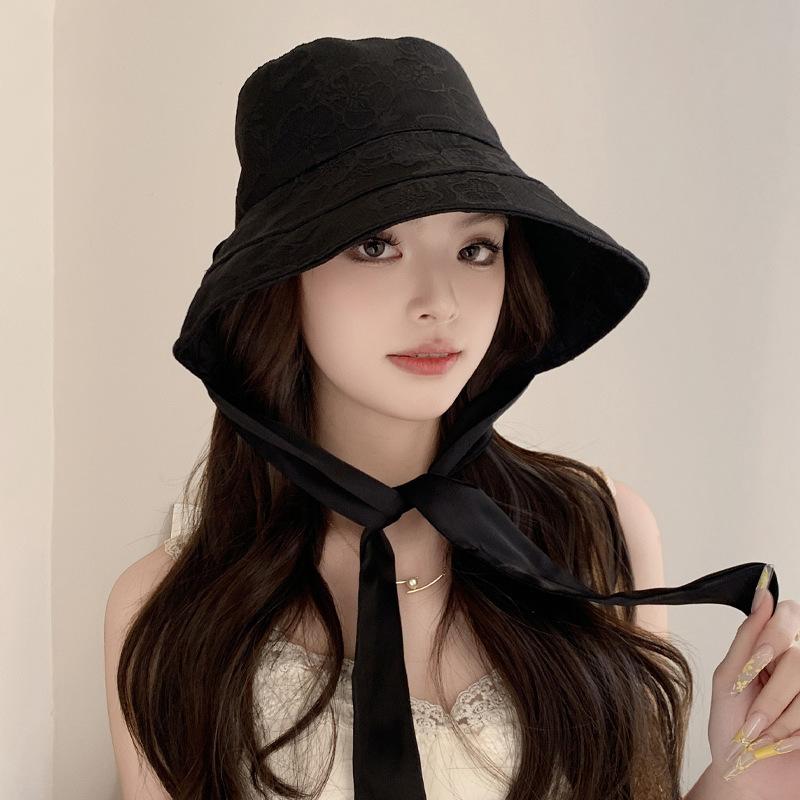 

Bucket Hat Women Summer Hat Fisherman Cap Female Korean Sunhat Travel Sun Protection Foldable Flower Pattern Bow Sun Hat Female 56-58cm чорний