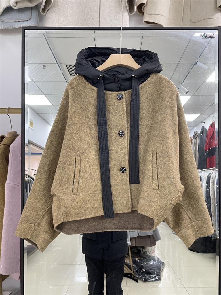 Весняно-осіння нова вовняна куртка Двостороння вовняна куртка З капюшоном Рукав "летюча миша" Коротка куртка з капюшоном Жіноча