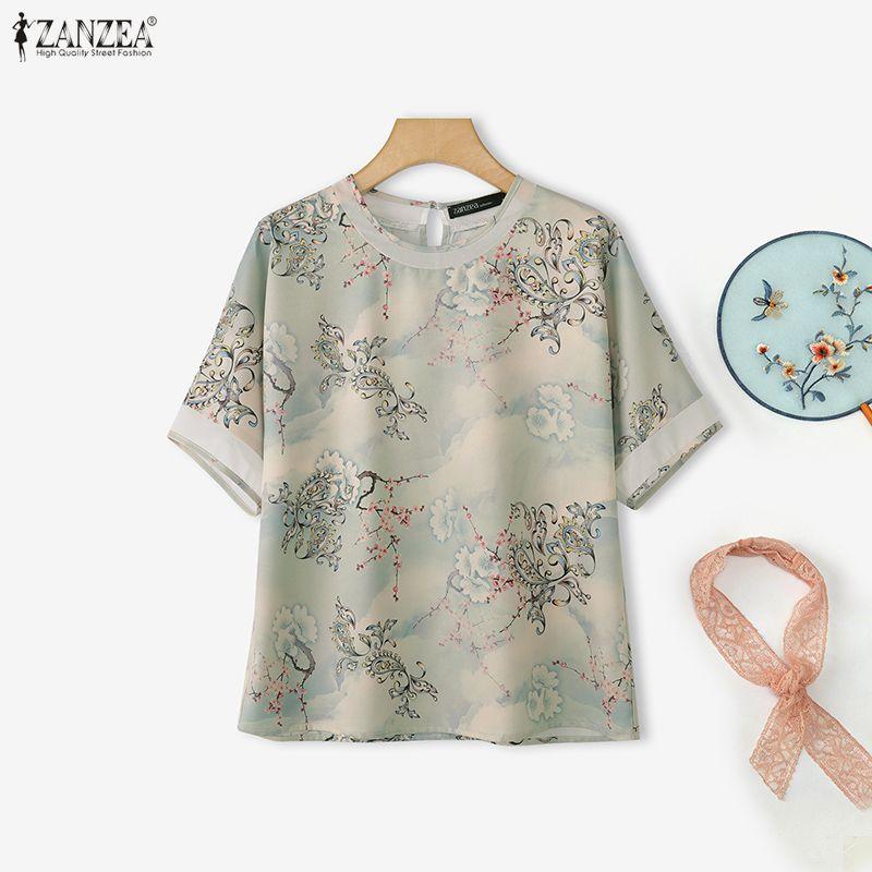 ZANZEA Women Casual Round Neck Short Sleeve Print Blouse