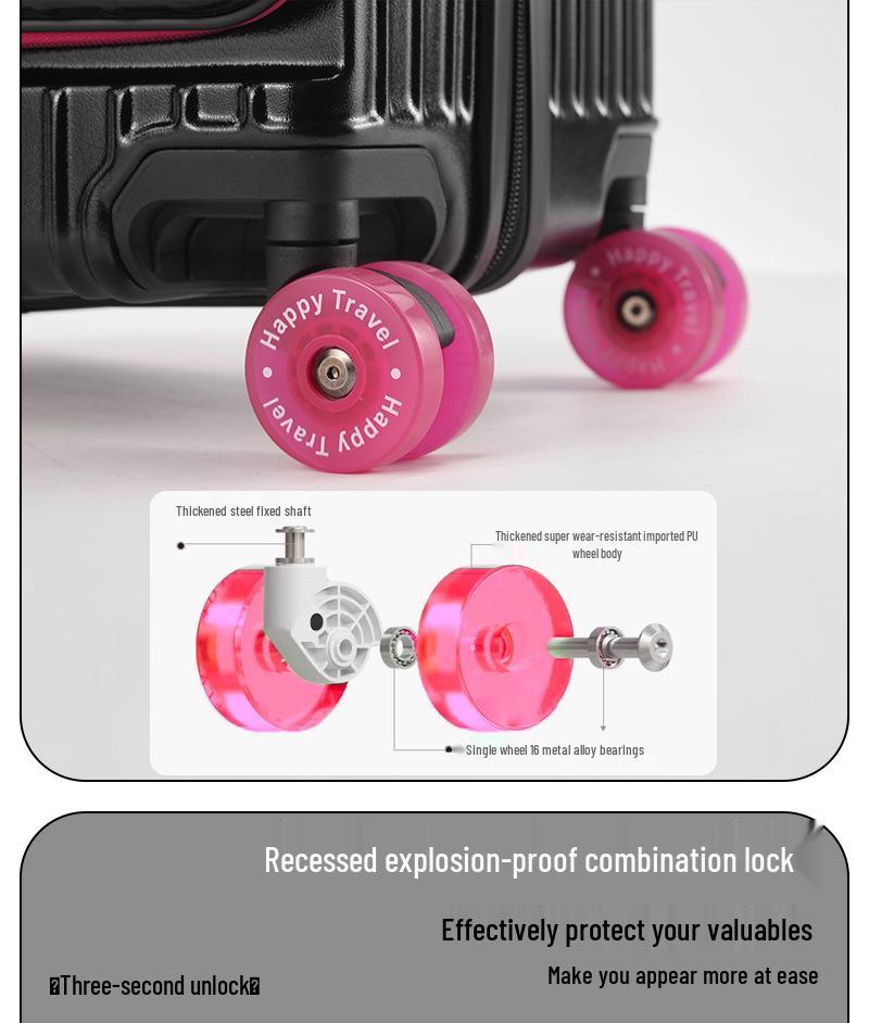 Expandable Color-block Suitcase with Transparent Wheels – Large, Durable, and Side-Opening Carry-On Trolley Case