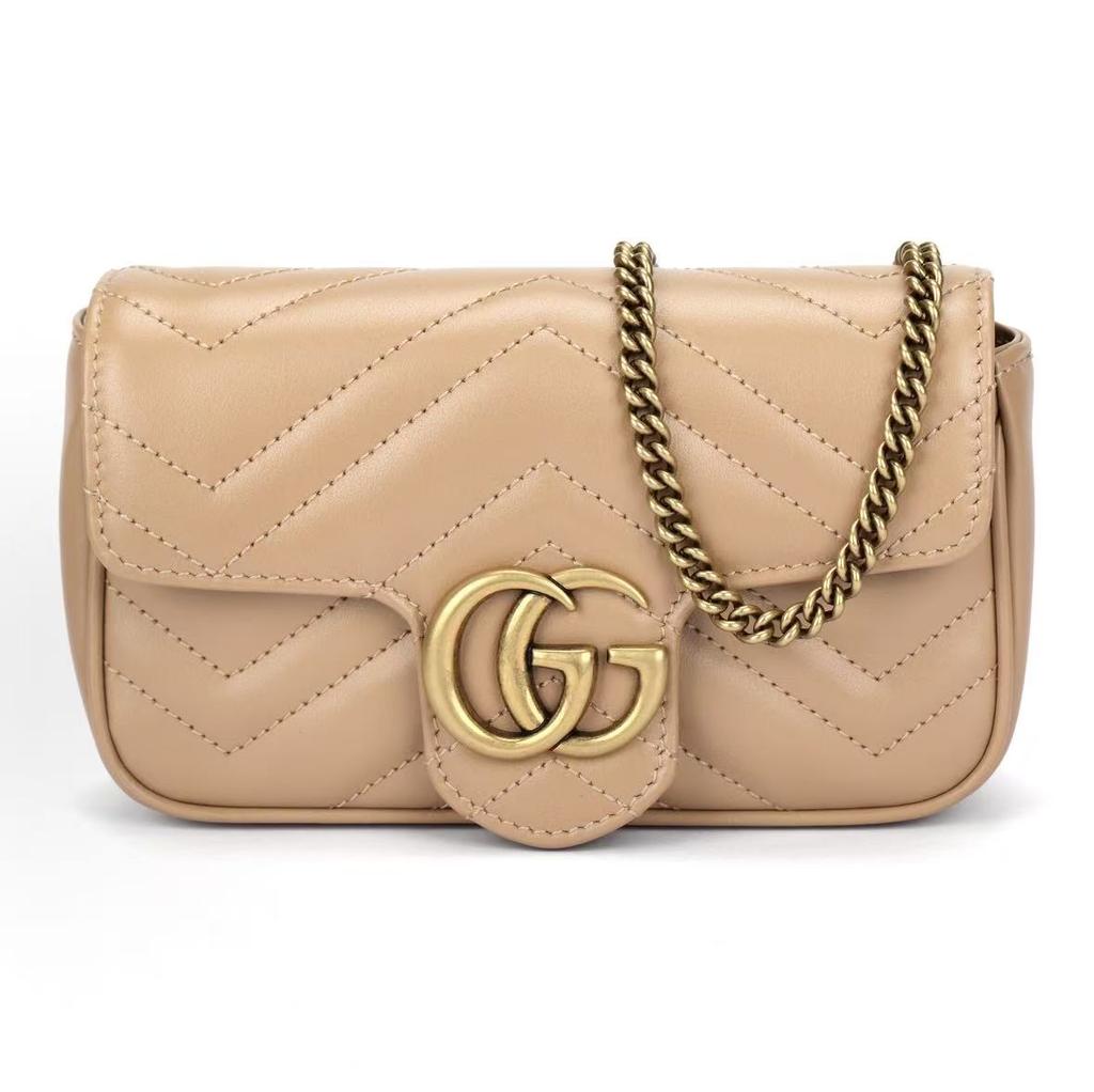Gucci Prošívaná kovová logo řetízkový ramenní popruh zapínání na patent hovězí kůže taška přes rameno dámská béžová