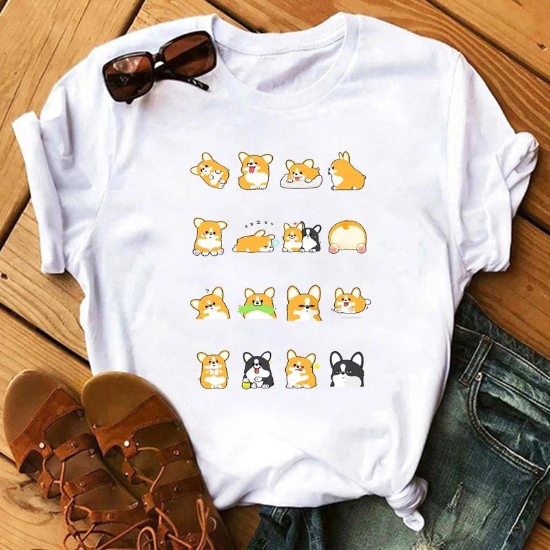 Maycaur Funny Cute Corgi Dog Printed TShirt Harajuku 90s Kawaii Women Short Sleeves T Shirts Tops Graphic Tees Female Tshirt