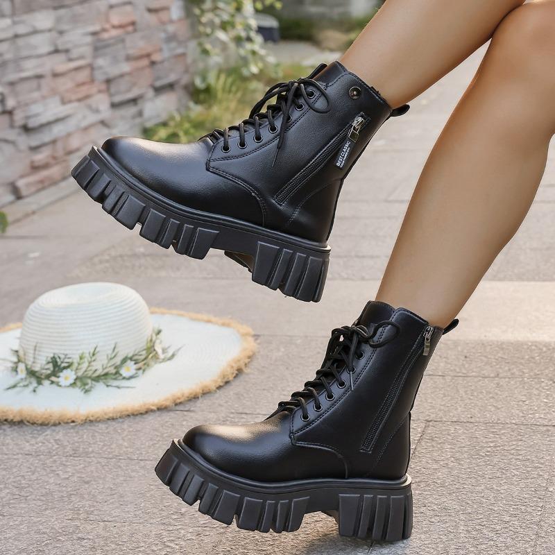 Women's Round Toe Side Zip Front Lace-Up Platform Non-Slip Short Thigh Boots Non-Slip High Heel Boots