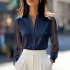 European and American Popular Perspective Long-sleeved Splicing Notch V-neck Solid Color Temperament Elegant Commuter Top Shirt