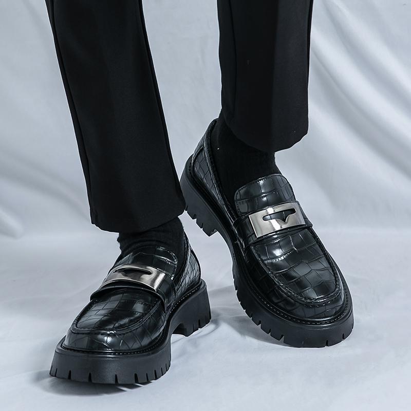 Men's Glossy Leather Thick-Soled Loafers - British Style Slip-On, Large Size, for Spring & Autumn