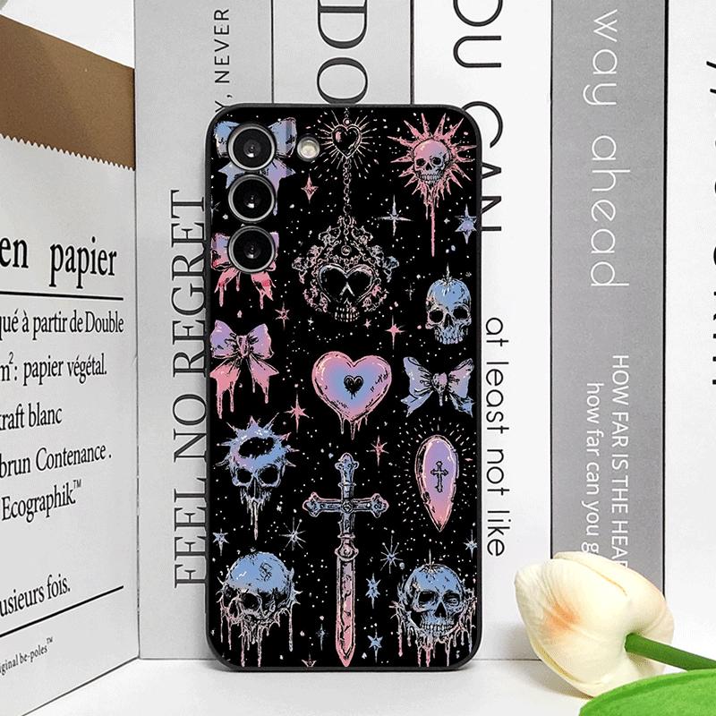 Vintage Gothic Pink Bow Skull Cross Pattern Phone Case for Samsung Galaxy S25 S24+ S23 Ultra S22 Plus S20 S21 FE M53 M34 Covers