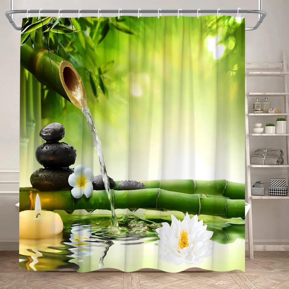 Zen Shower Curtain Landscape Green Bamboo River Lotus Stone Purple Orchid Plant Leaf Polyester Fabric Bathroom Decor Curtain