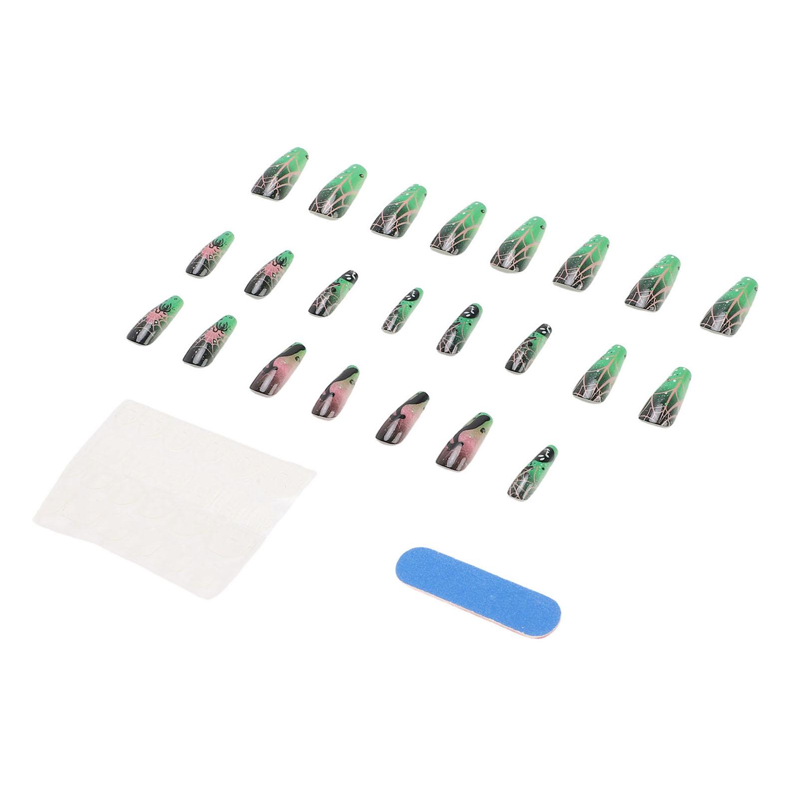 

24Pcs False Nails with Sticker Green Gloss Spider Web Pattern Reusable Artificial Nail Extension Tips for Holiday Party Cosplay