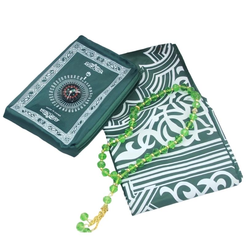 

Portable Muslims Prayer Rug With Compasses and Beads Bracelets Lightweight Travel Prayer Mat For Home Outdoor Worship темно-зелений колір