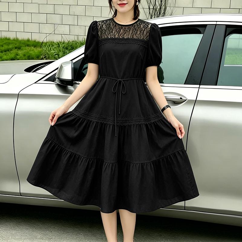 ZANZEA Womens Lace Patchwork Casual Round Neck Short Sleeve Elegant Dress