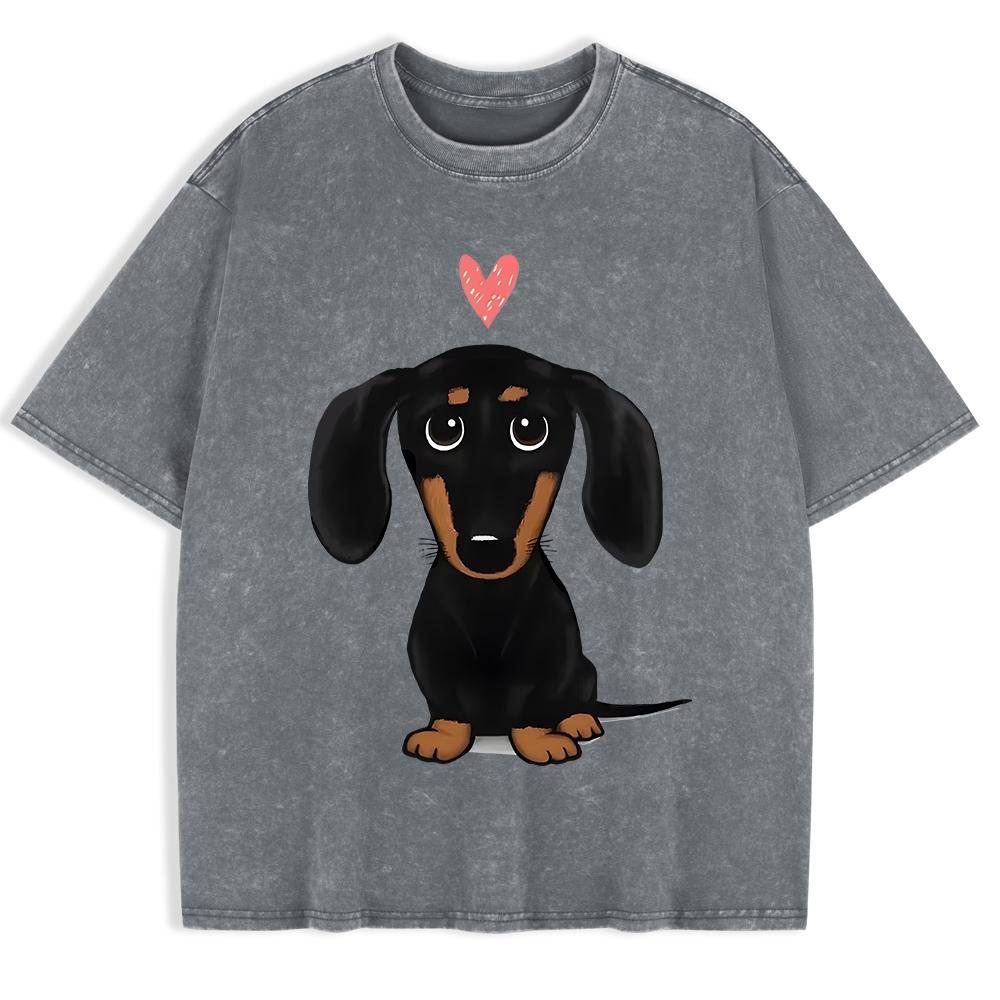 Dachshund With Heart Printed Washed T-Shirts Mens Cotton Oversized T Shirt Basic O-Neck Short Sleeve Tops Summer Men Clothes