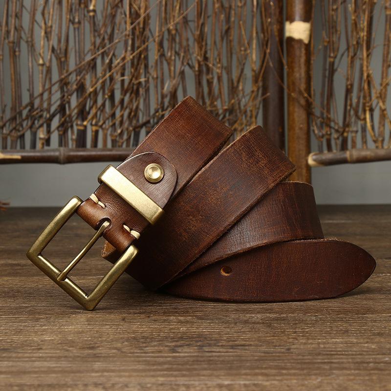 Korean Version Trendy Retro Style Belt Men'S Genuine Leather First Layer Cowhide New Copper Buckle Denim Overalls Belt Men'S