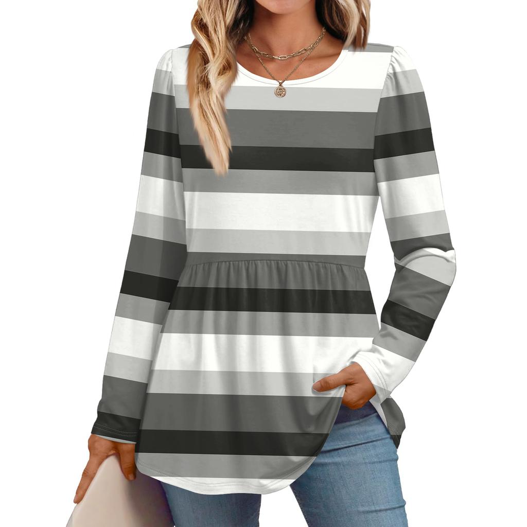 Women's Casual Fashion Long Sleeve Shirt Striped Tunic Top