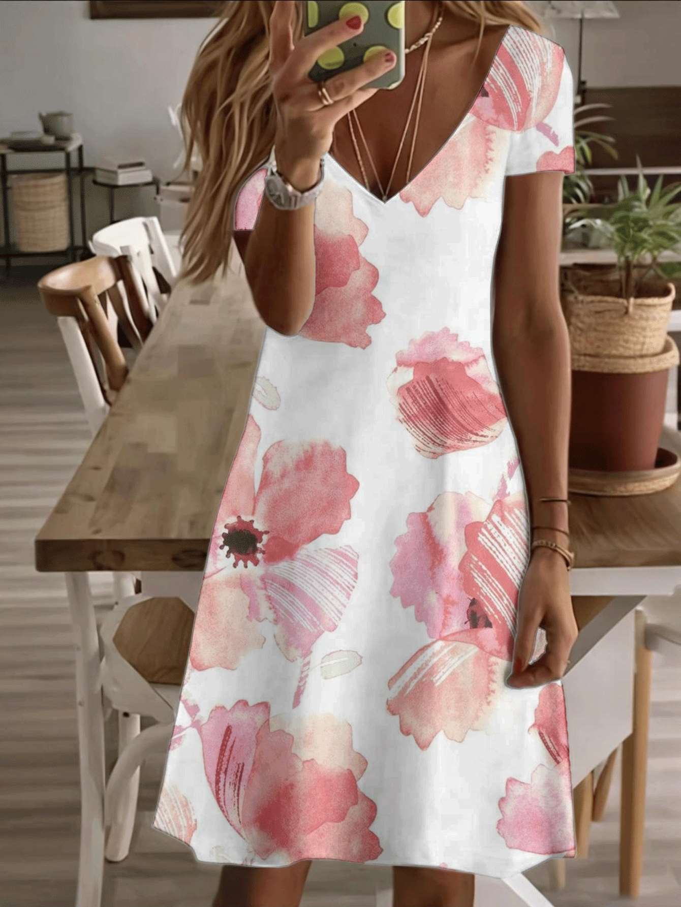 

Vneck shortsleeve midi dress pink watercolor floral print pattern 3D premium printing durable breathable soft fabric casual fashion elegant summer dre L дубильная кора