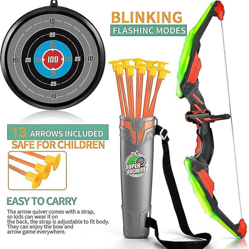 Interactive LED Bow & Arrow Toy - 70cm Bow, 13 Suction Arrows, Quiver