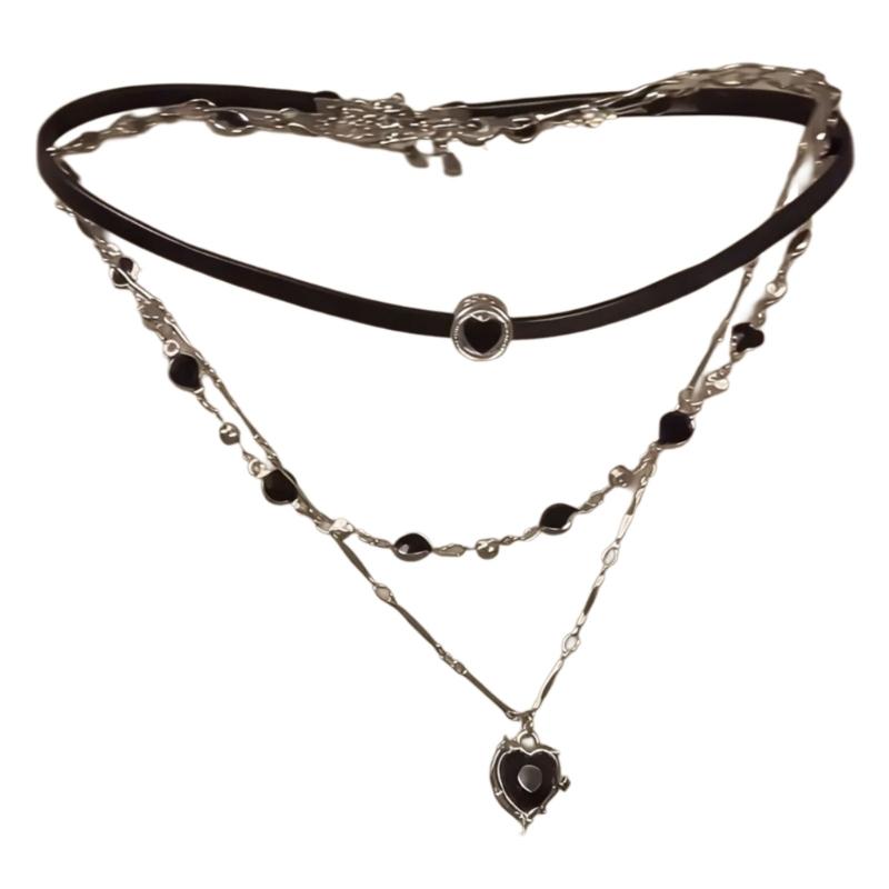 Sweet Cool Aesthetic Stackable Black Rope Necklace with Alloy Heart Charm for Layer Look Enthusiasts