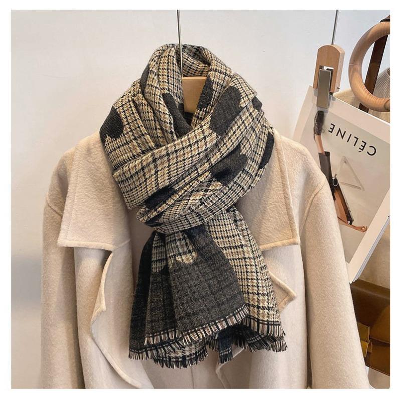 Double Sided Scarf for Women In Winter Korean Version Versatile Love Plaid Houndstooth Imitation Cashmere Scarf Multi Purpose Shawl Dual Use