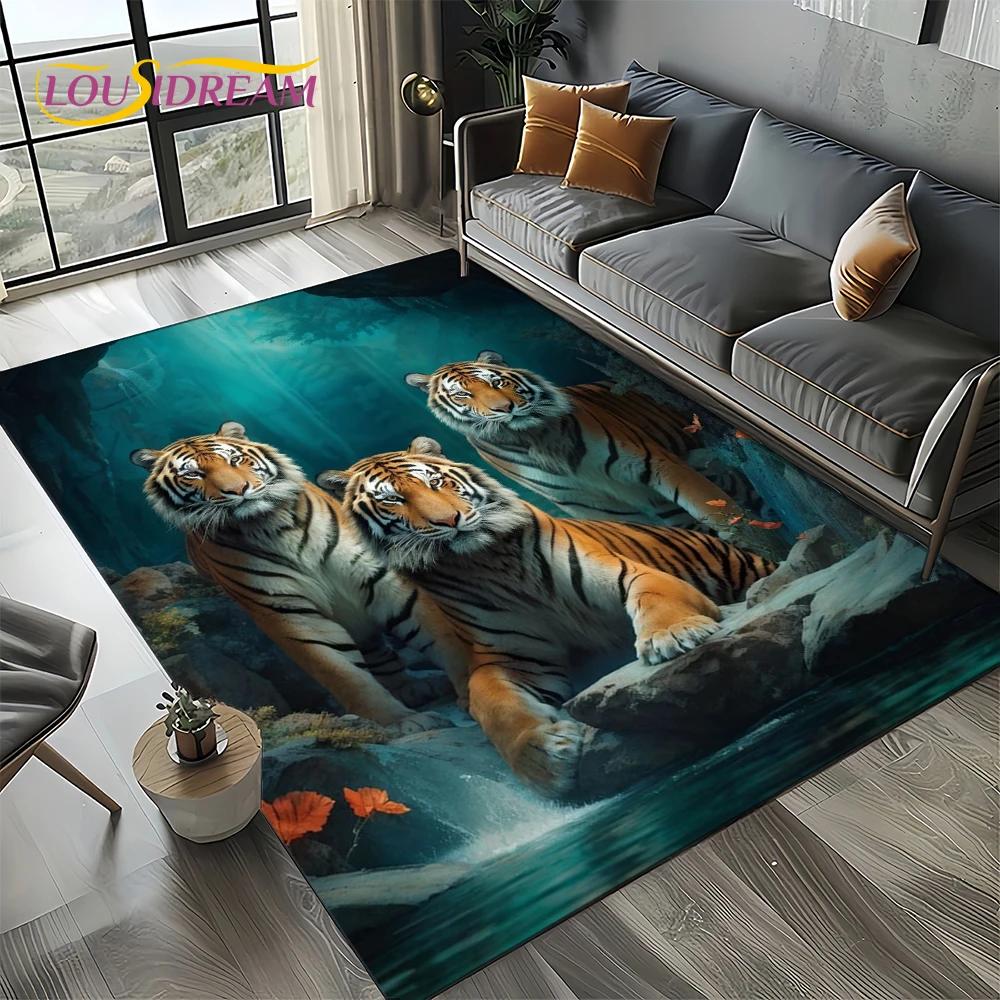 Fierce Tiger Lion Leopard Beast Animal Wildlife Cartoon Carpet Rug for Living Room Bedroom Sofa Decoration,Non-slip Floor Mat