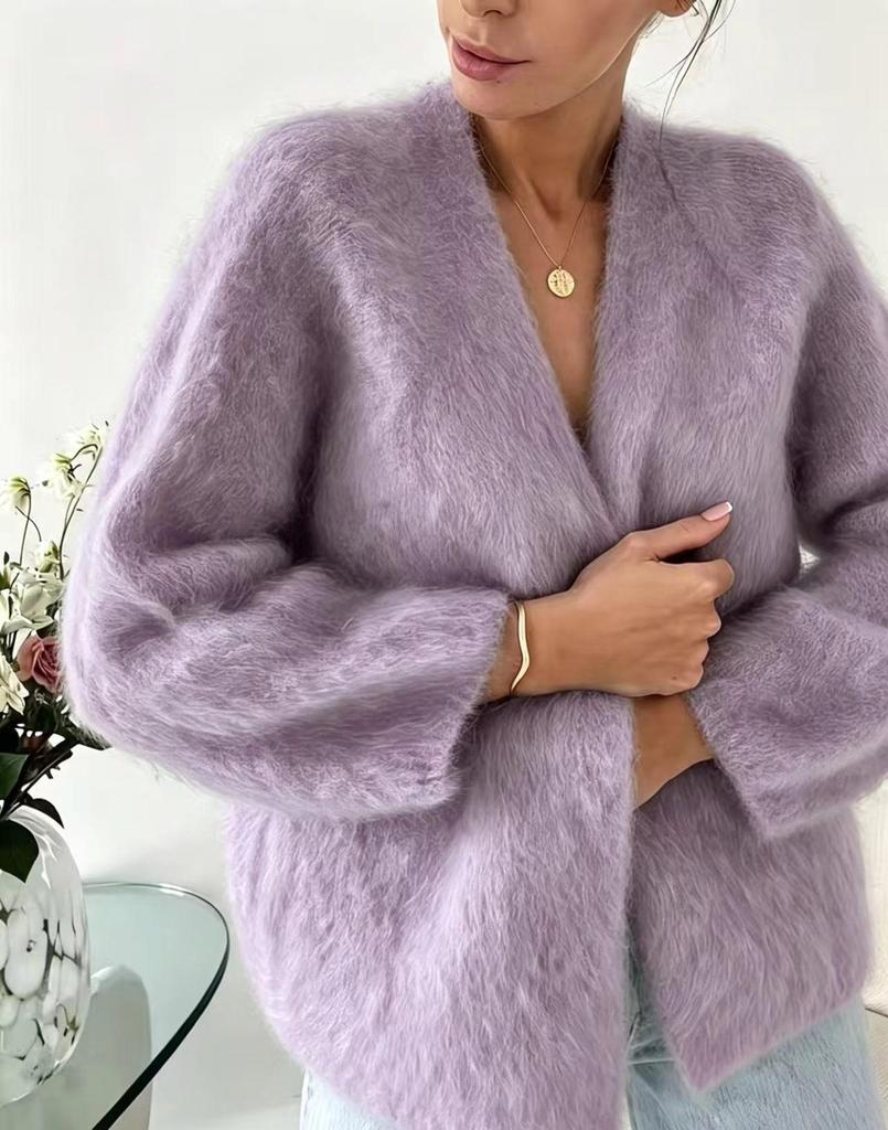 Pure Color Faux Mink Fur V-Neck Women's Cardigan - Loose Fit & Larger Sizes Available