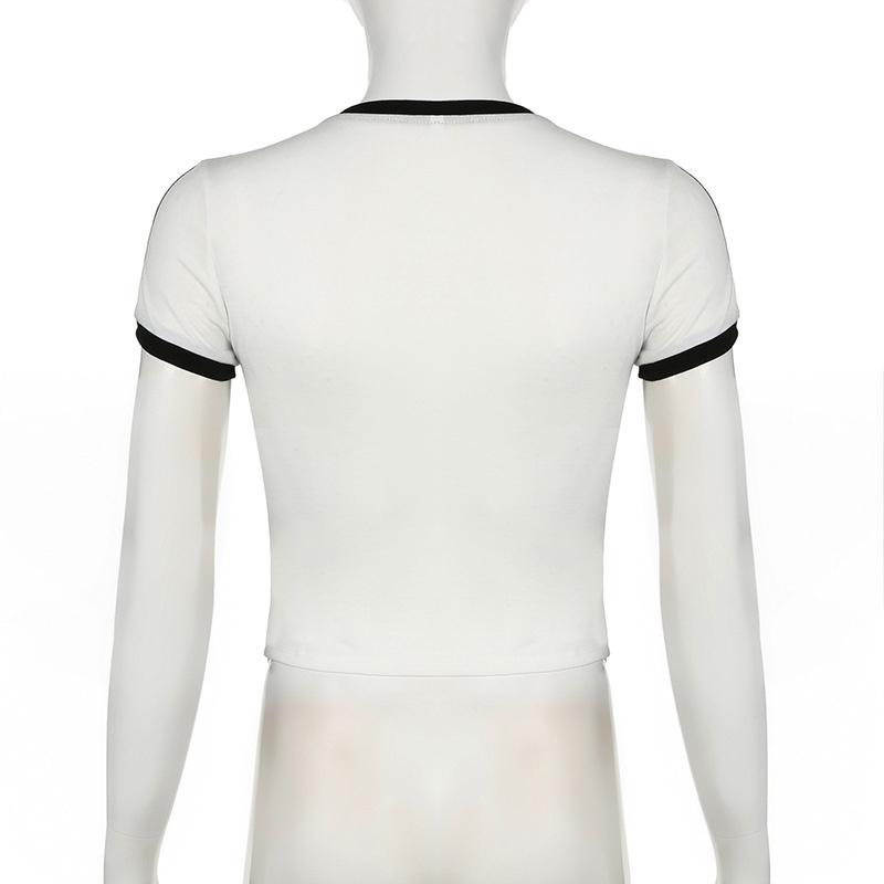 Contrast Embroidered Bow Crop Top Women Casual Striped Print Short Sleeve Slim White T Shirts Casual Streetwear Y2k Tees