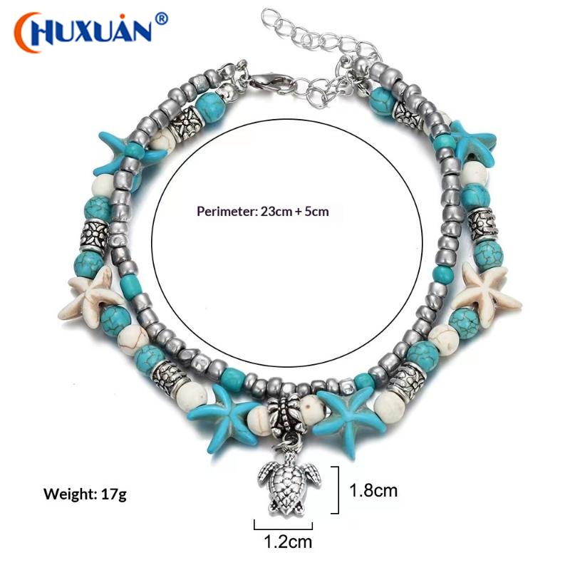[Q]Women's Double Bohemian Heart Anklet Love Personality Simple Layered Summer Beach Foot Ankle Bracelet Leg Chain