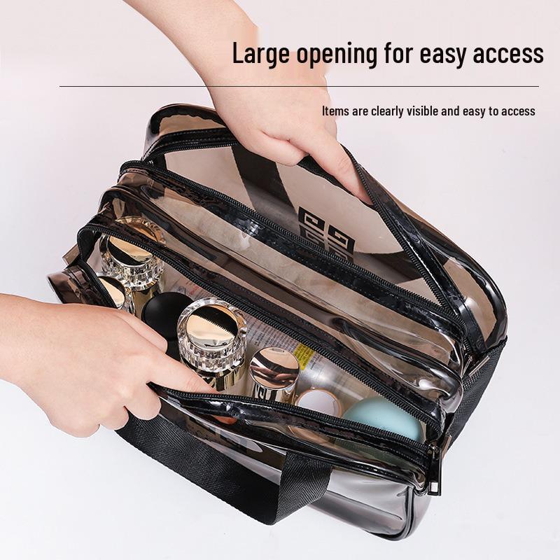 Transparent PVC Toiletry Bag with Wet and Dry Sections - Tea Color Makeup Storage