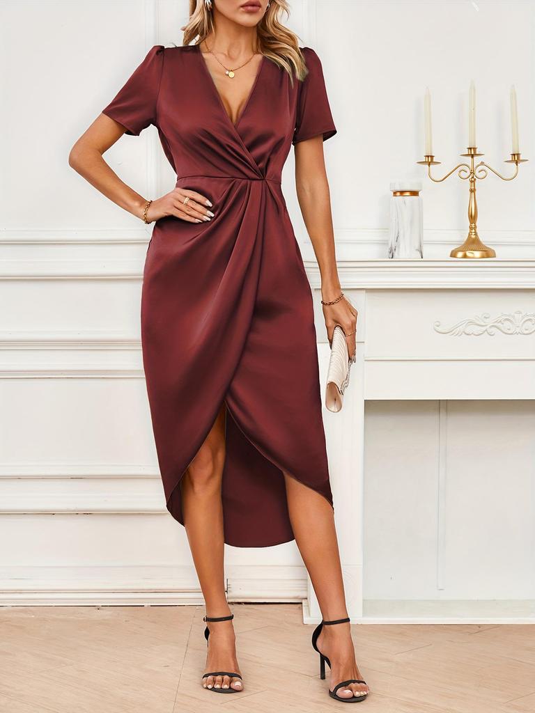 Women's Satin Crossover Wrap Dress - Spring/Summer Short Sleeve Long Irregular Skirt