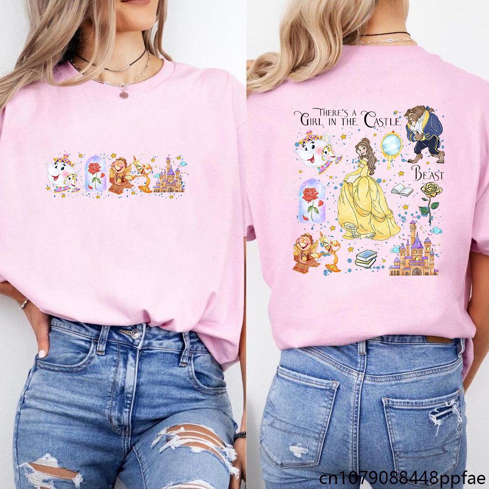 2025 Disney Cute Beauty and The Beast T-Shirt Summer Cartoon Graphic Women Casual Round Neck 100% Pure Cotton Printed T-shirt