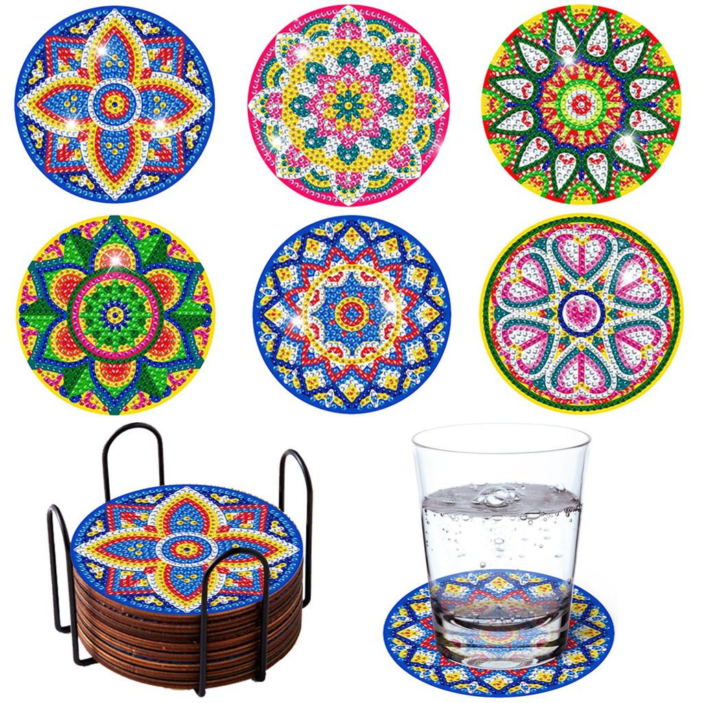 6pcs/8pcs Diy  Coasters With Holder Round Mandala Coasters  Kits Accessories