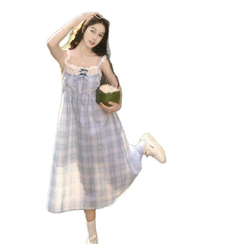 Salt girl plaid dress fake two pieces summer temperament suspender skirt schoolgirl sweet a word skirt