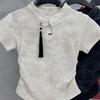 Large Size Tie-dye Chinese Disc Buckle National Style Short-sleeved T-shirt Women's Design Sense Summer New Waist Hem Curved Top